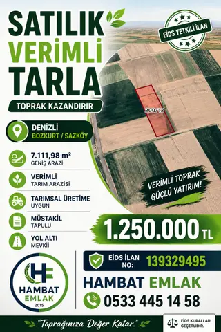 Denizli Bozkurt Sazköy'de 7.112 M² Verimli Tarla | Eids: 139329495
