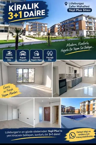 Lüleburgaz Zafer'de Yeşil Plus Sitesi'nde 3+1 Kiralık Daire