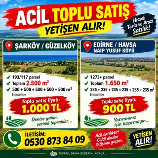Sahibinden Tekirdağ Şarköy Güzelköy 2,500 Metre İster Tek Tapu İster 500+5 Adet Tapu Alsatılık