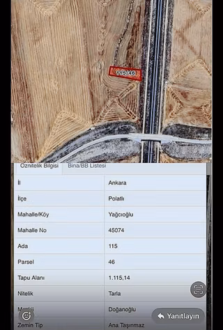 Wera'dan Ankara Polatlı Yagcıoglu 1115m2 Satılık Tarla Yol Cephe