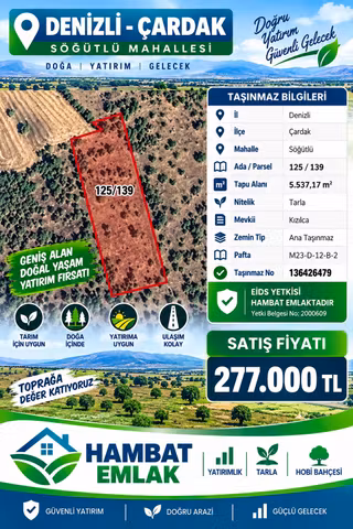 Çardak Söğütlü’de 5.537 M² Tarla – 277.000 Tl – Eids Yetkili