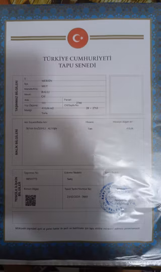 Aydın'dan Mut Ballı Köyün' De 410 M² Acil Satılık Tarla