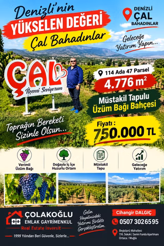 Denizli Çal Bahadınlar Satılık 4.776m2 Müstakil Tapulu Üzüm Bağı Bahçesi