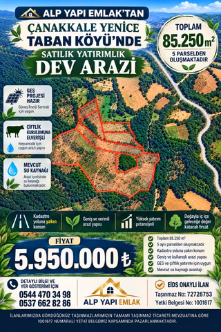 Çanakkale Yenice Taban Mahallesin'de Satılık 85.250 M² Tarla - 1