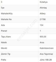 Kütahya Altıntaş Alibey'de 900 M² İmarlı Arsa
