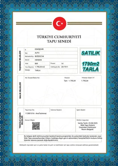 Eskişehir Alpu Büğdüz Mah.de Fırsat Satılık 1790m2 Tarla