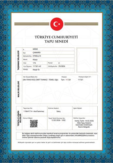 Niğde Çamardı Müstakil Ev Tapu Sahibi Perta Emlak Ümit Tahmaz