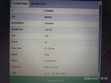 Kırıkkale Merkez Pazarcık'ta 21.750 M2 Satılık Tarla