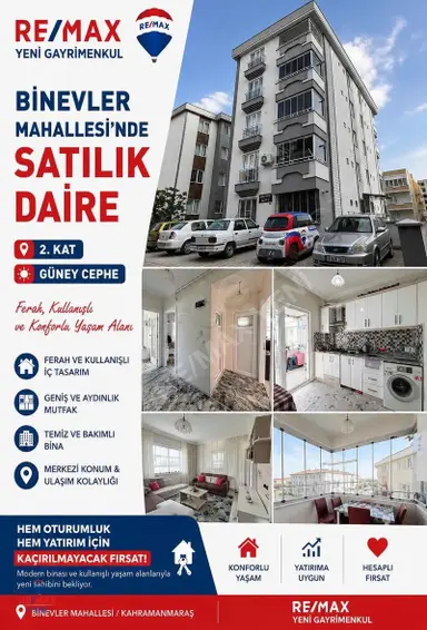 Remax Yeni'den Binevler Satılık Arakat Balkonlu 2+1 Daire