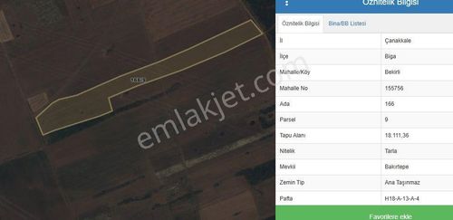 Çanakkale Biga Bekirli 18.111 M2 Satılık Kadastro Yolu Olan Tarla