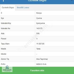 İçeri Çumra Tapulama Satılık Yola 100 Mt Müstakil Parsel Tarla