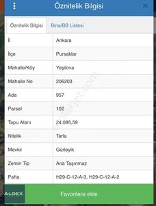 10.035 M2 Pursaklar Yeşilovada Satılık Tarla