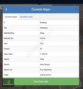 Kütahya Aslanapa Abaş Ta Satılık Uygun Tarla