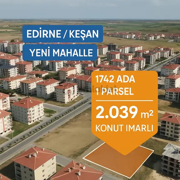 Edirne Keşan'da 3 Bir Tarafı Yol Köşe Parsel 2.039 M2 Müstakil Tapulu Arsa 1