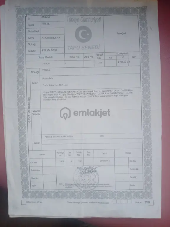 Bursa Keles Satılık Tarla 3775m3 1