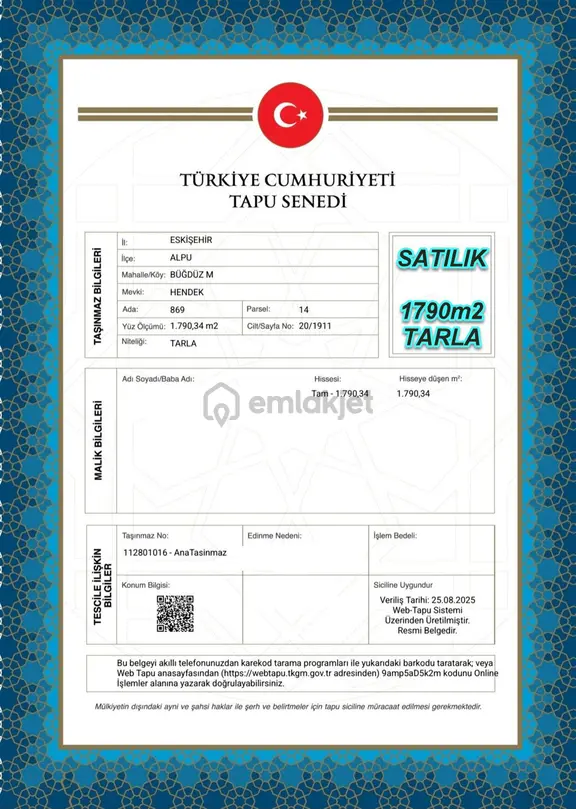 Eskişehir Alpu Büğdüz Mah.de Fırsat Satılık 1790m2 Tarla 1