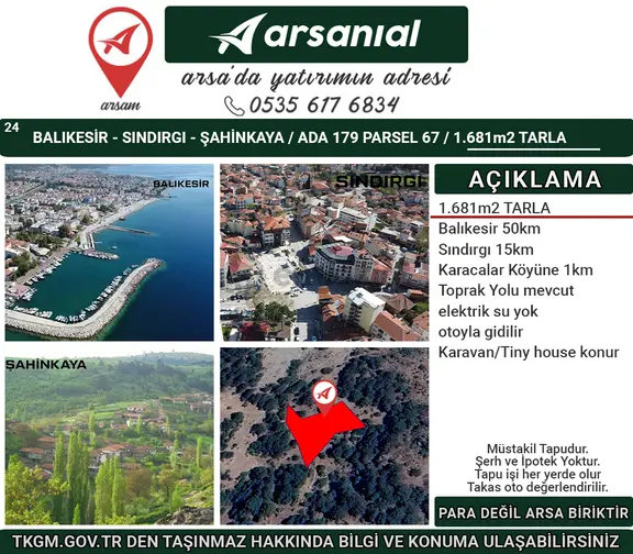 Balıkesir Sındırgı Şahinkaya Satılık 1681m2 Tarla 1