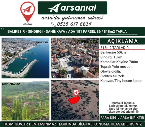 Balıkesir Sındırgı Şahinkaya Satılık 818m2 Tarla 1