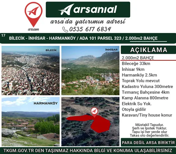 Bilecik İnhisar Harmanköy Satılık 2000m2 Bahçe 1