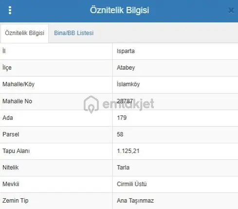 Isparta Atabey İslamköy Cirmili Üstü Mevkii Satılık 1.125 M² Tarla 2