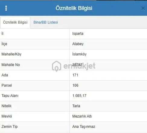 Isparta Atabey İslamköy Mezarlık Altı Mevkii Satılık 1.085 M² Tarla 2
