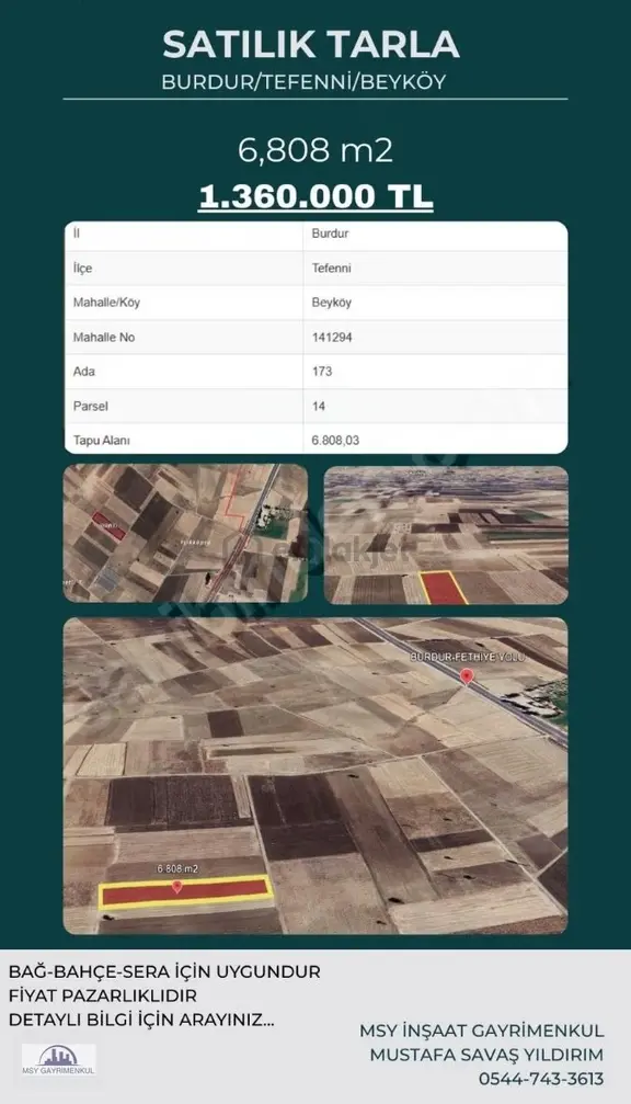 Burdur Tefenni Beyköy De 6.808.m2 Tarla Satılık 1