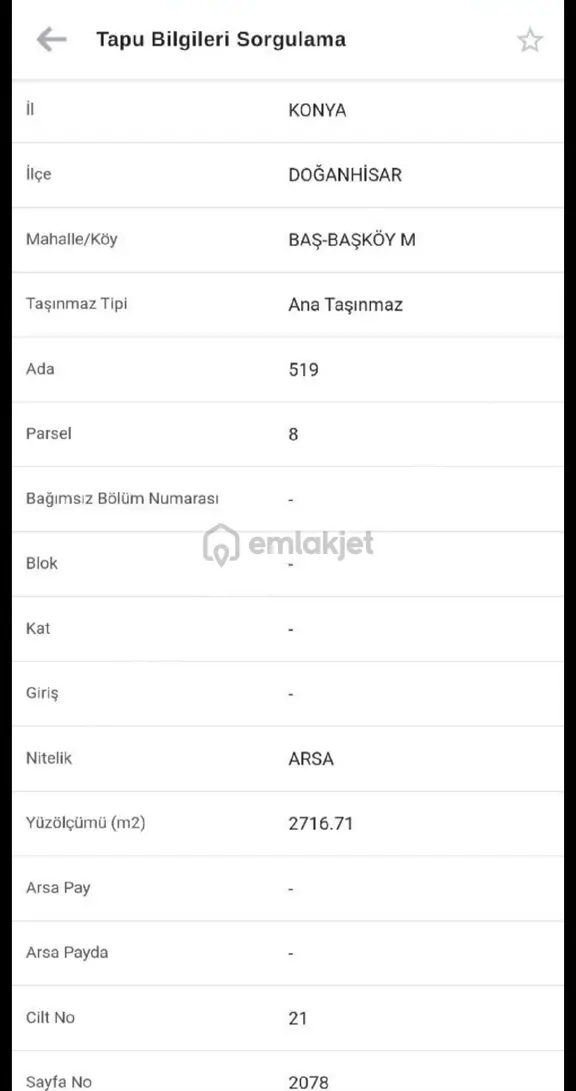 Sahibinden Doğanhisar Baş Başköy Mahallesi Arsa 1