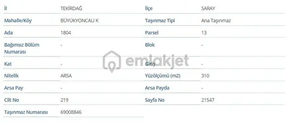 Tekirdağ Saray Büyükyoncalı 310m2 Arsa 1