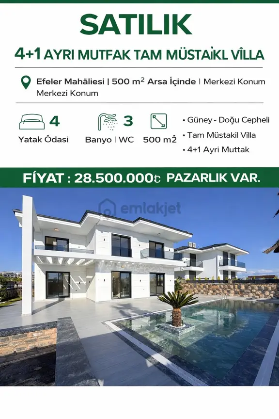 Efeler Mahallesinde 500m Arsa İçinde 4+1 Ebeveyn Banyolu Ayrı Mutfak Satıllık Villa 1