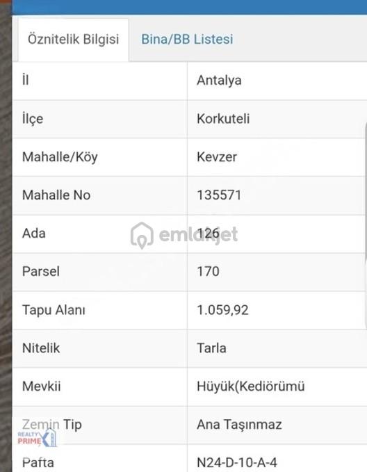 Korkuteli Kevser Mah.1.059m2 Satılık Tarla 1