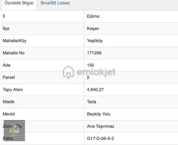 Bölge'den Keşan Yeşilköyde Ana Yol Üzeri 4.845 M2 Köşe Arsa 1