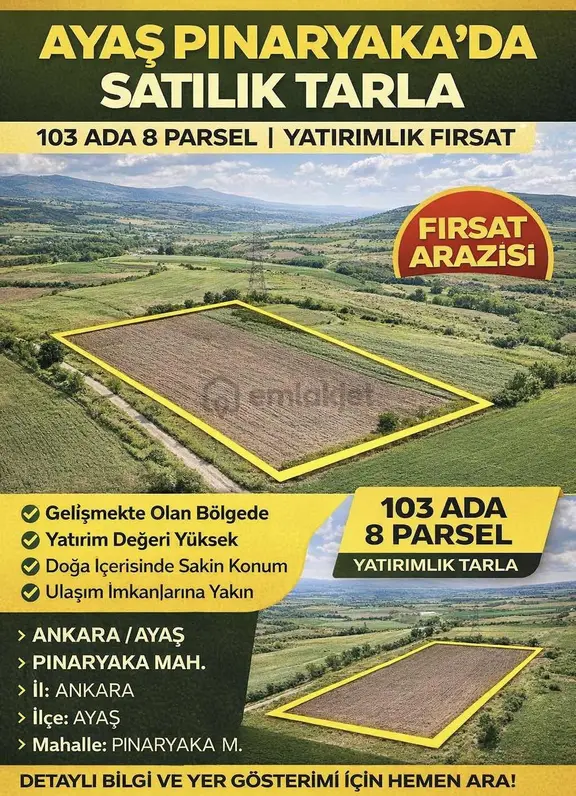 Ayaş Pınaryaka'da Yatırımlık 3.460m² Tek Tapu Tarla 1