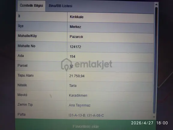 Kırıkkale Merkez Pazarcık'ta 21.750 M2 Satılık Tarla 1