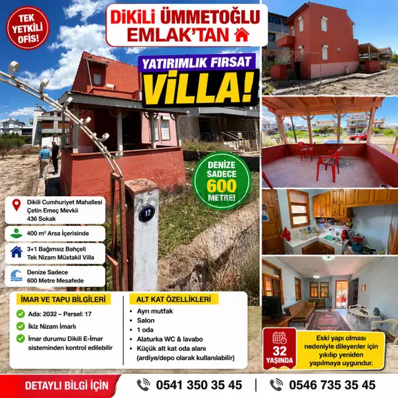 Dikili Ümmetoğlu'ndan 3+1 Tek'nizam Yatırım Fırsatı Bahçeli Villa 1