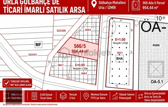 Urla Gülbahçe'de 0.60 Emsalli Ticari İmarlı 954 M² Fırsat Arsa 2