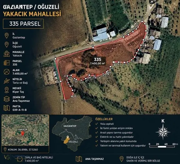 Oğuzeli Yakacık Mahallesinde Asfalt Yola Sıfır 7.400 M² Satılık 1