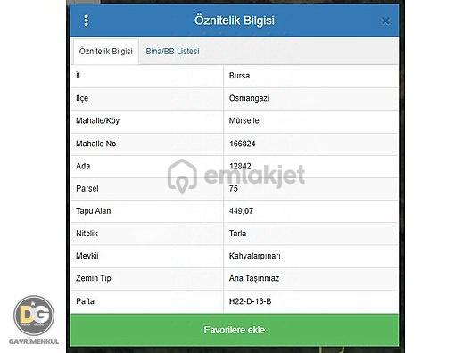 Bursa Osmangazi Mürseller Tek Tapu 449 M² Köye 200m 1