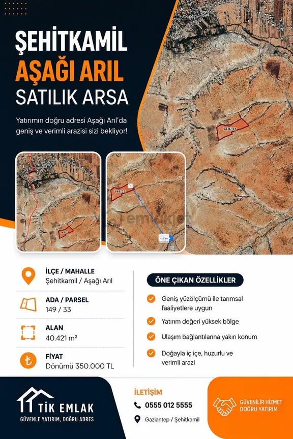 📍 Şehitkamil Aşağı Arıl’da Satılık Yatırımlık Arsa 1