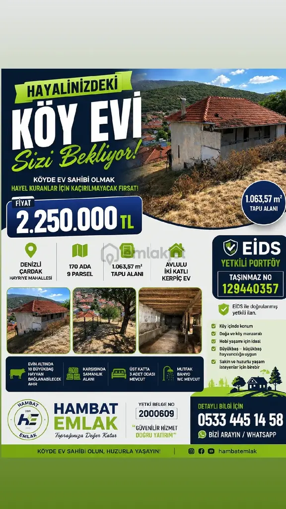 Denizli Çardak Hayriye'de 1.063 M² Arsa İçinde Avlulu İki Katlı Köy Evi | Eids Yetkili 1