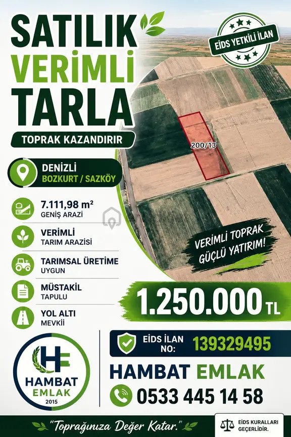 Denizli Bozkurt Sazköy'de 7.112 M² Verimli Tarla | Eids: 139329495 1