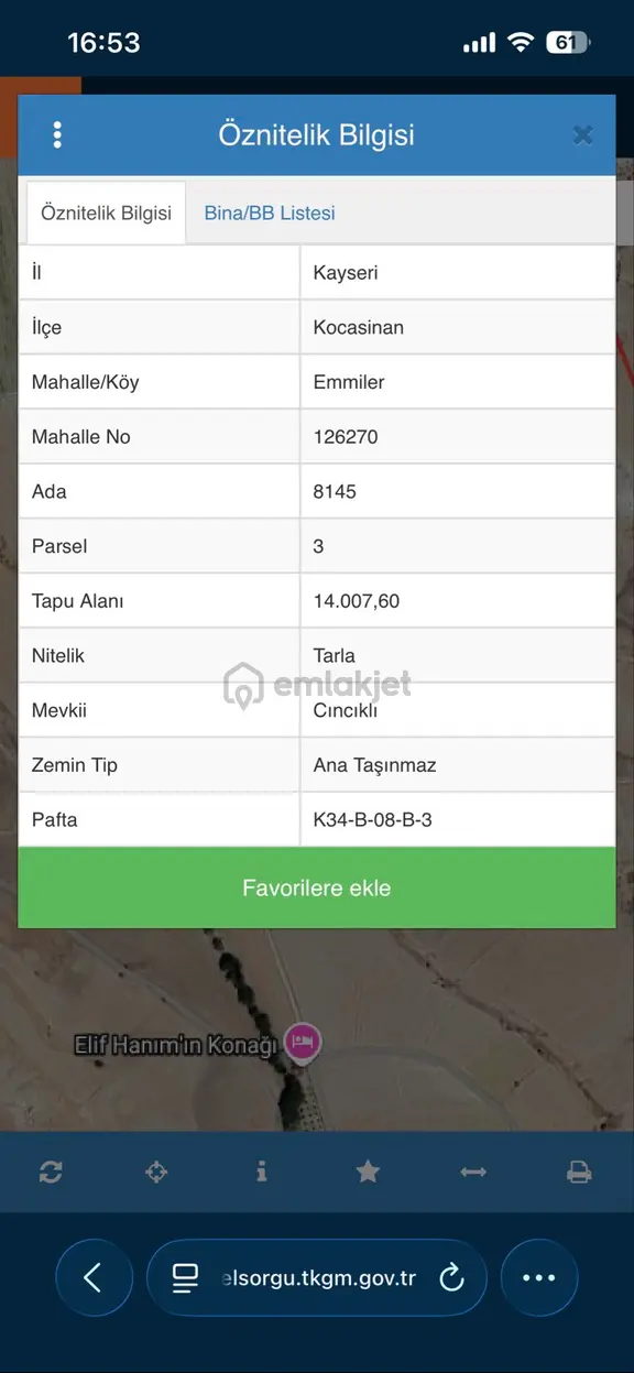 Satılık Tarla – Kayseri Kocasinan Emmiler Mahallesi 1
