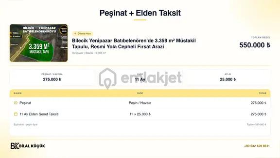 Elden Taksitli Batıbelenören'de 3.359 M² Resmi Yola Cepheli 2