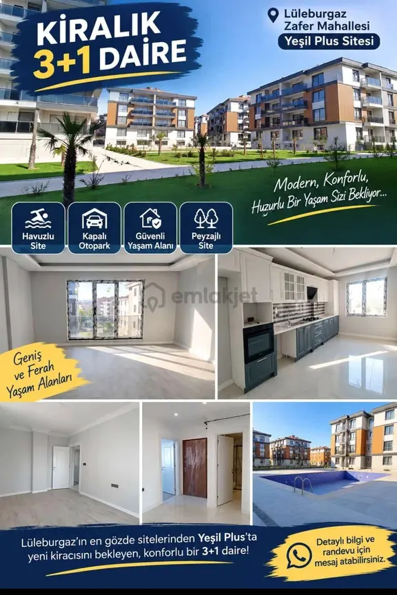 Lüleburgaz Zafer'de Yeşil Plus Sitesi'nde 3+1 Kiralık Daire 1
