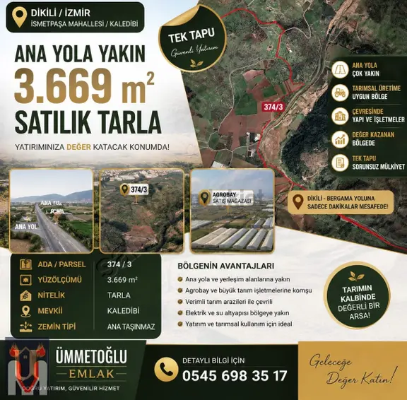 Ümmetoğlu'ndan Dikili'de Ana Yola Yakın 3.669 M² Satılık Yatırımlık Tarla 2