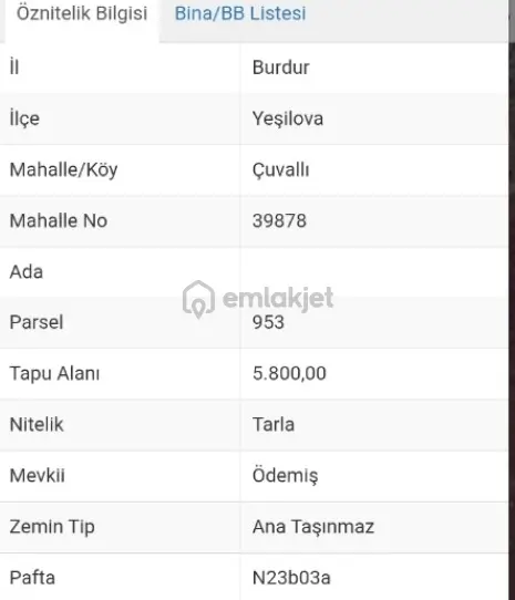 Burdur Yeşilova Çuvallı'da Müstakil Tapulu Yatırımlık 5800 M2 1