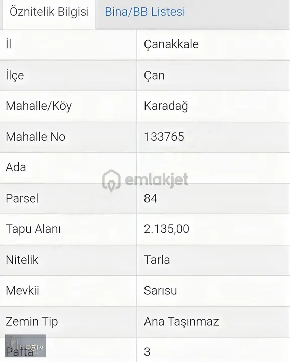 & Kerim'den Çan Karadağda 2135m² Satılık Tarla 2