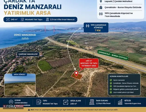Çanakkale Lapseki Çardakta Deniz Manzaralı 240 M² Müstakil 2