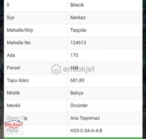 Belinay Emlaktan Merkez Taşçılar Köyünde Satilık Bahçe