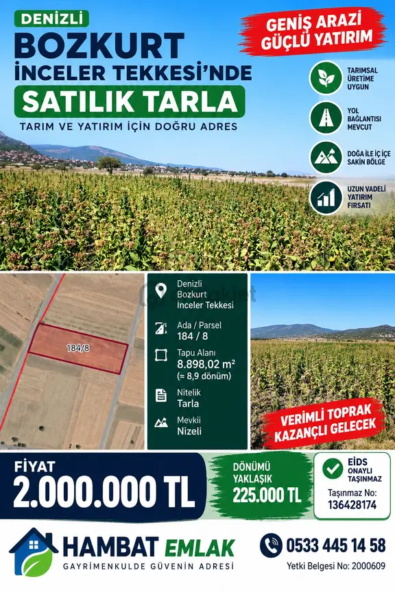 Bozkurt İnceler Tekkesi’nde 8.898 M² Tarla – 2.000.000 Tl