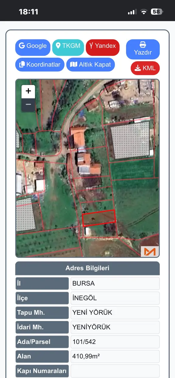 Bursa İnegöl Yeniyörük Mahallesi'nde Satılık 410 M² İmarlı Arsa 1